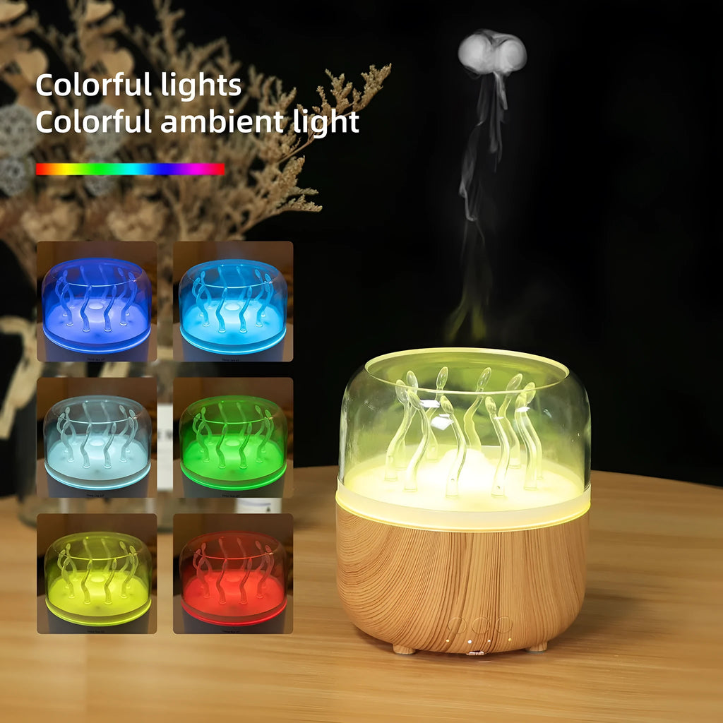Wood grain rotating dynamic spray jellyfish ambience light humidifier with black finish