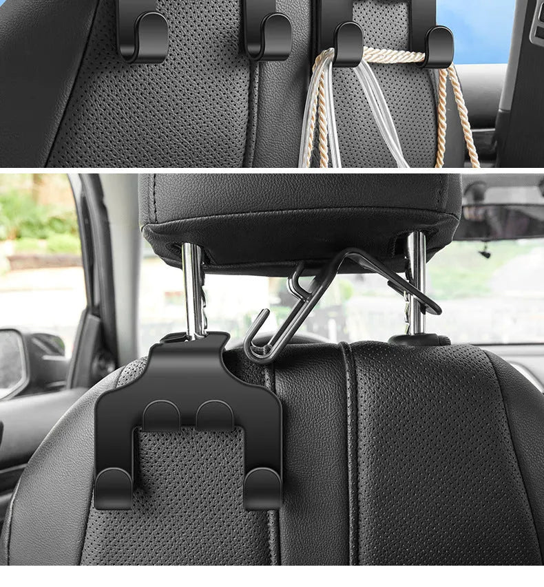 Pack of two black ABS plastic multifunction car hooks for mounting on dashboard or console.