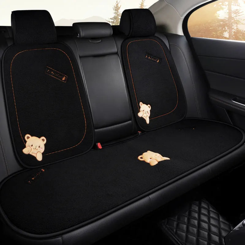 Car cushion winter plush three-piece set with square cushion and lumbar support pillow in trendy bear design