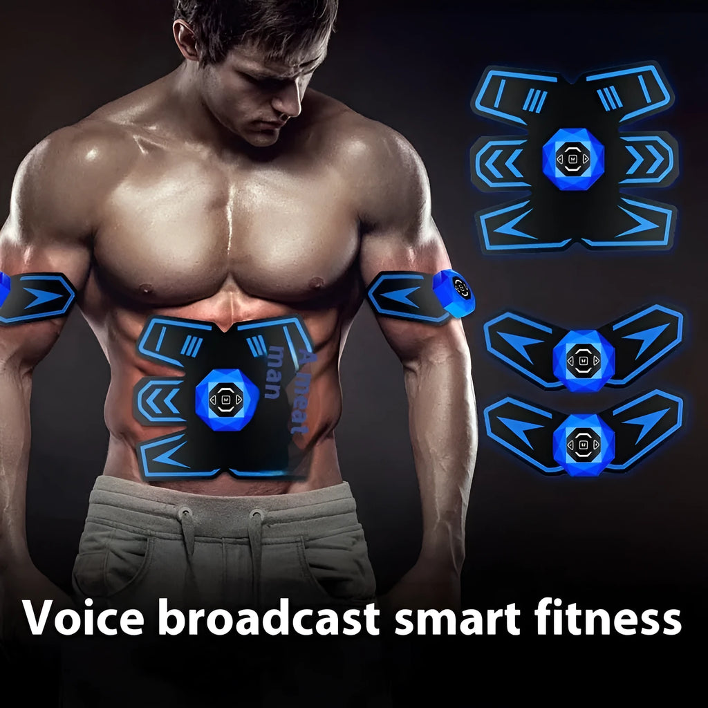 Eight-piece abdominal muscle waist reduction body sculpting massage patch set made of PU leather, silicone, and ABS resin, available in black and blue styles.