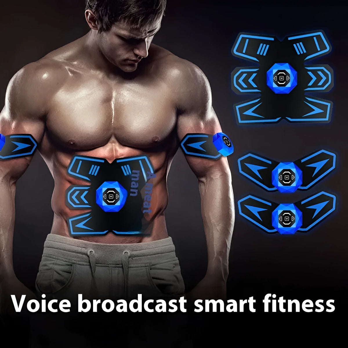 Eight-piece abdominal muscle waist reduction body sculpting massage patch set made of PU leather, silicone, and ABS resin, available in black and blue styles.