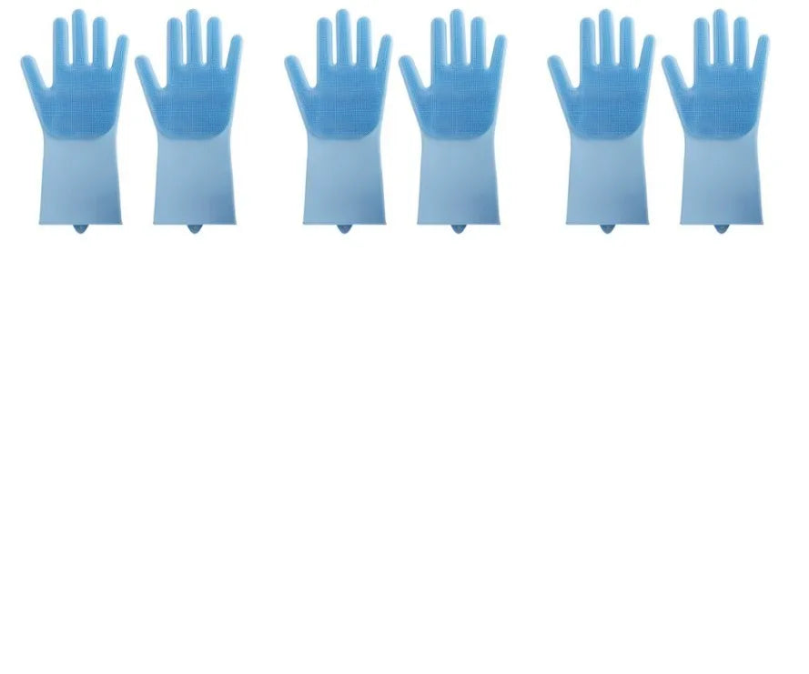 Blue silicone cleaning gloves with a textured sponge palm design for scrubbing.