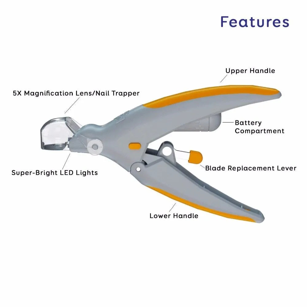 Yellow and grey pet nail clipper with LED light and magnifying glass, 14 cm long