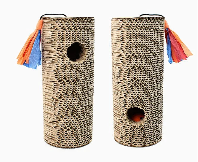 Cat scratching board made from environmental protection corrugated paper in beige and brown, suitable for floor or wall mounting.