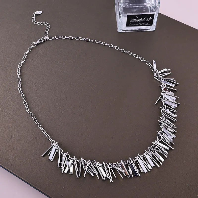 Silver electroplated geometric square tassel necklace with iron pendant and pure copper tassel on adjustable 31-40cm clavicle chain