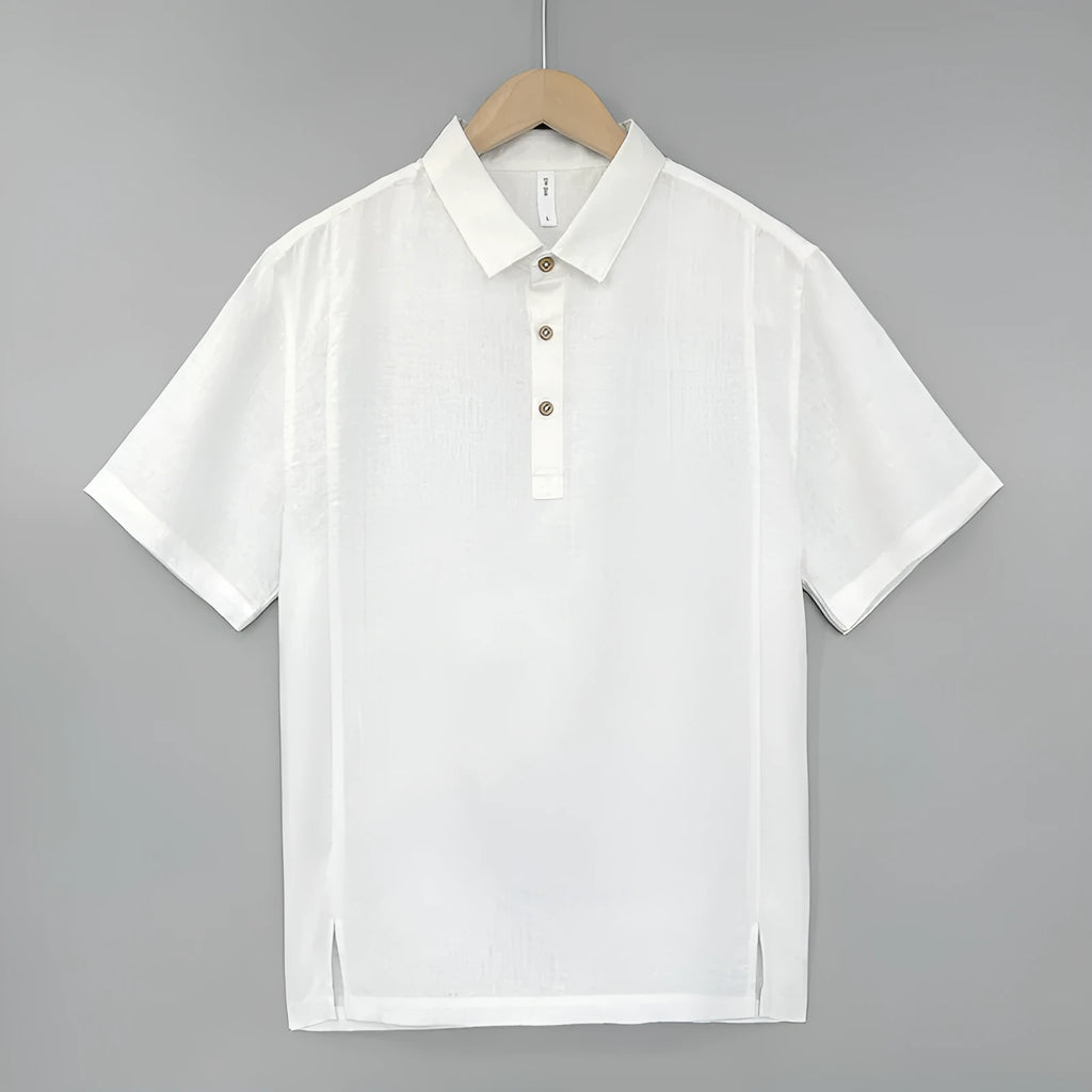 Men's linen summer top with thin lapels and short sleeves in loose-fitting style