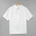 Men's linen summer top with thin lapels and short sleeves in loose-fitting style
