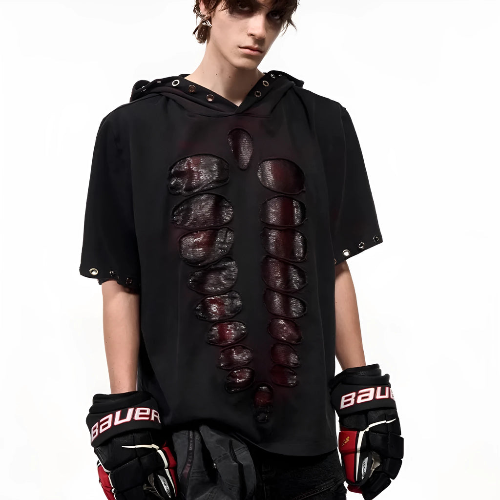 Black men's loose hooded t-shirt with short sleeves and sequin decoration