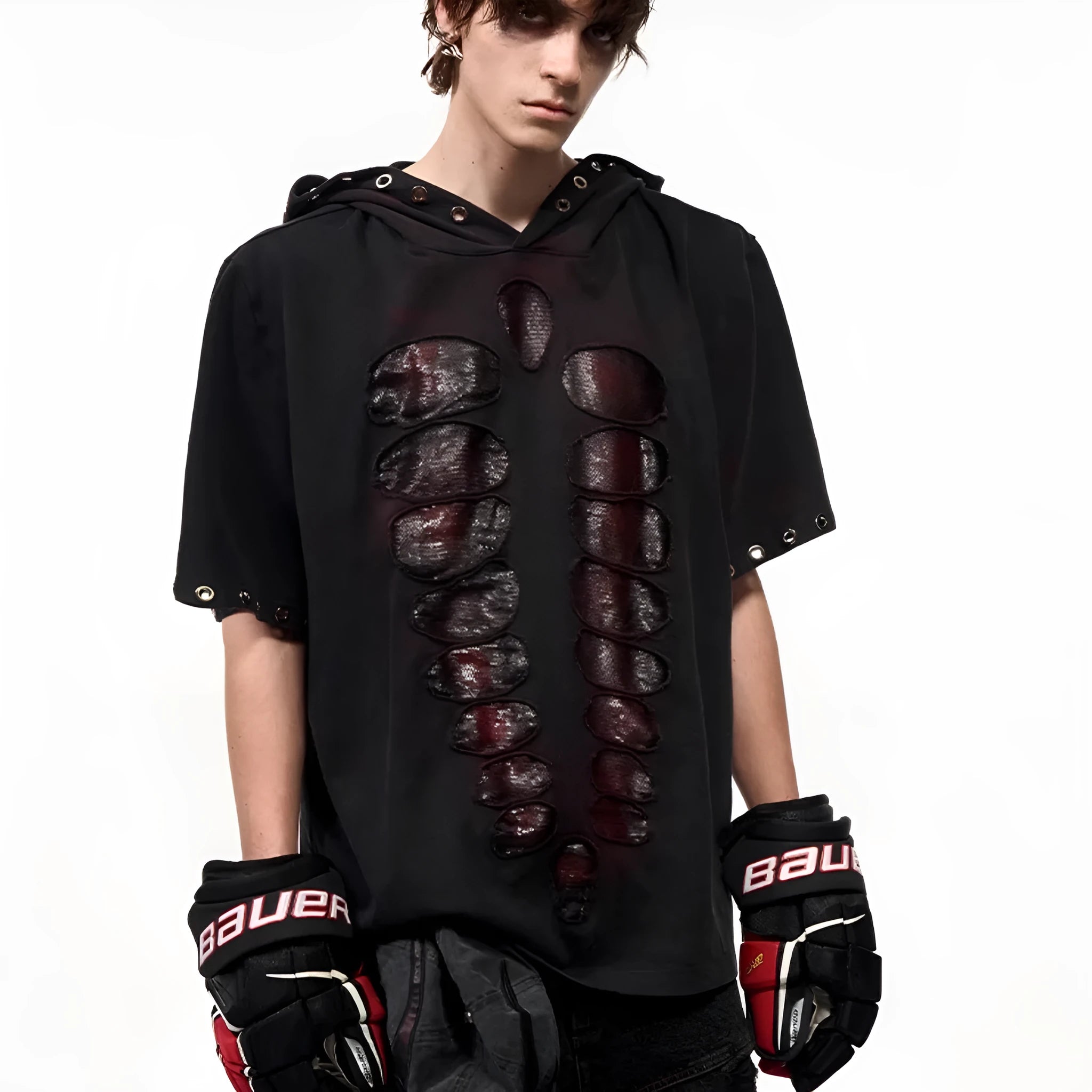 Black men's loose hooded t-shirt with short sleeves and sequin decoration