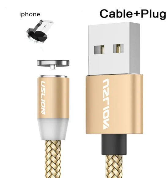 USLION circular magnetic charging cable in black, showing magnetic connector and plug for Android, iOS, or Type-C device.