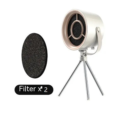 Milky white portable desktop exhaust fan with USB cable and removable filter on tripod stand