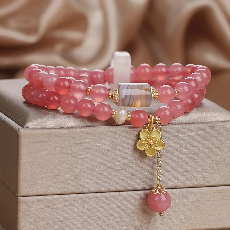 Natural pink chalcedony agate beaded bracelet with auspicious pattern for women