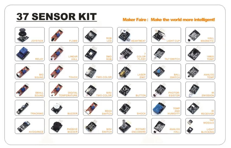 37-in-1 sensor kit modules for Arduino including relay, microphone, temperature, and infrared sensors on a table