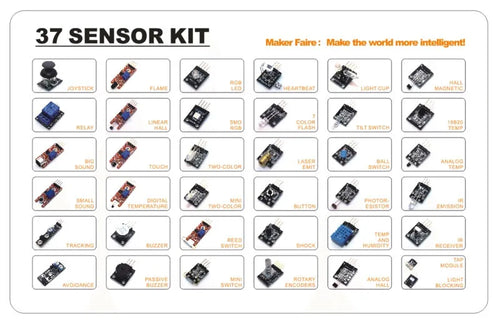 37-in-1 sensor kit modules for Arduino including relay, microphone, temperature, and infrared sensors on a table