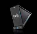 Black multifunctional Bluetooth speaker with phone stand and wireless charging ports.