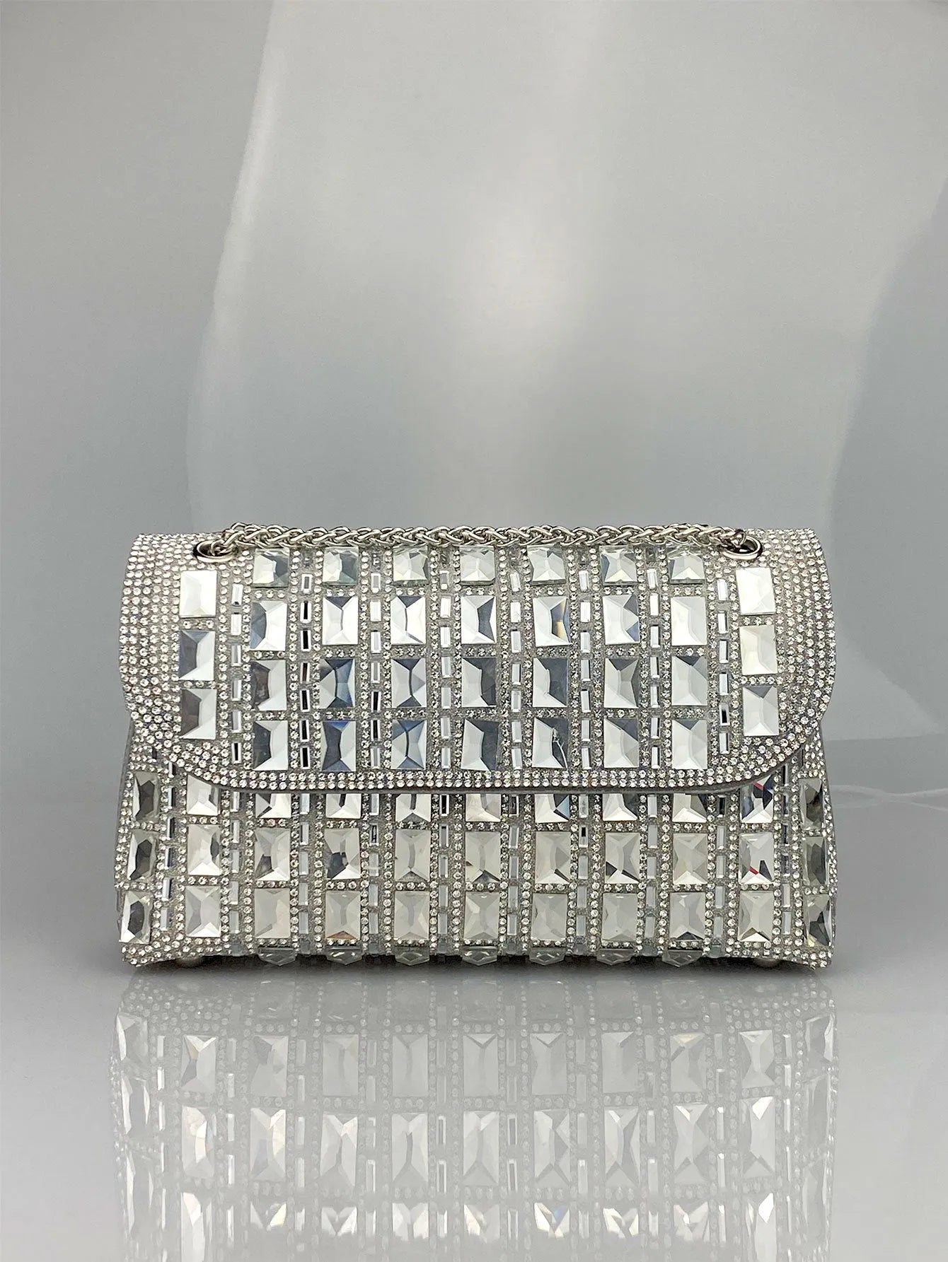 Shiny glass rhinestone chain clutch bag with dedicated phone compartment in retro style
