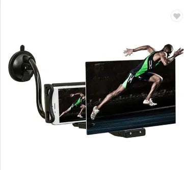 Black mobile phone screen amplifier with 12-inch acrylic lens on an adjustable folding bracket
