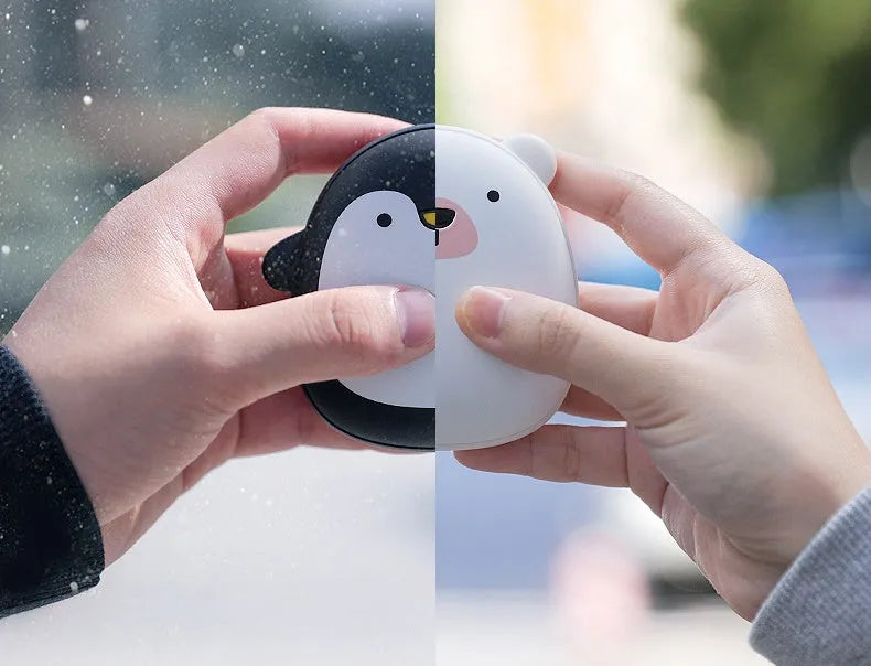 Cartoon penguin polar bear design USB rechargeable electric hand warmer power bank showing double-side heating