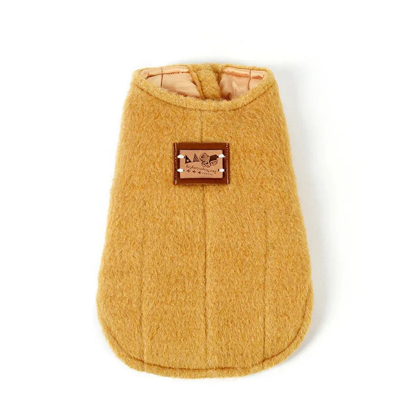 Casual cotton knitted vest for small dogs in blue, red, or yellow, showing front view.
