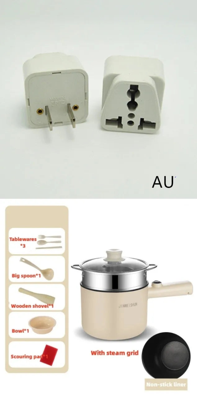 White, green, and khaki mini electric hot pot with non-stick interior and control panel.