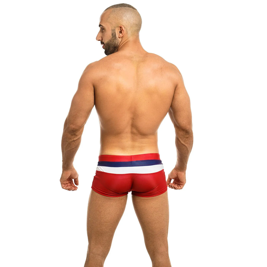 Red men's nylon polyester boxer shorts with elastic waistband, available in six sizes S to XXL