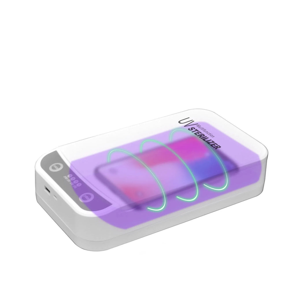White UV disinfection box with closed lid, shown with scale indicating its 218mm length.