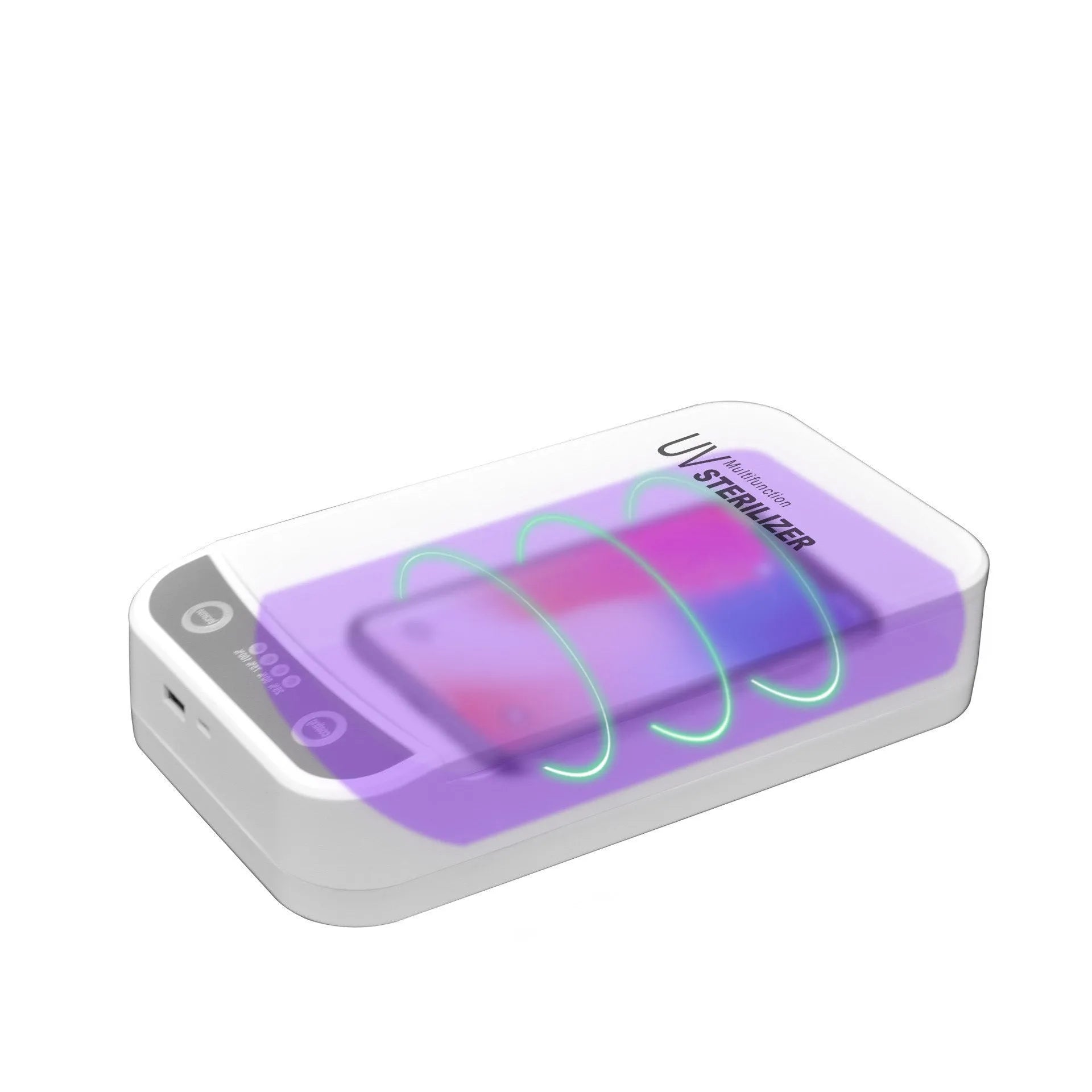 White UV disinfection box with closed lid, shown with scale indicating its 218mm length.
