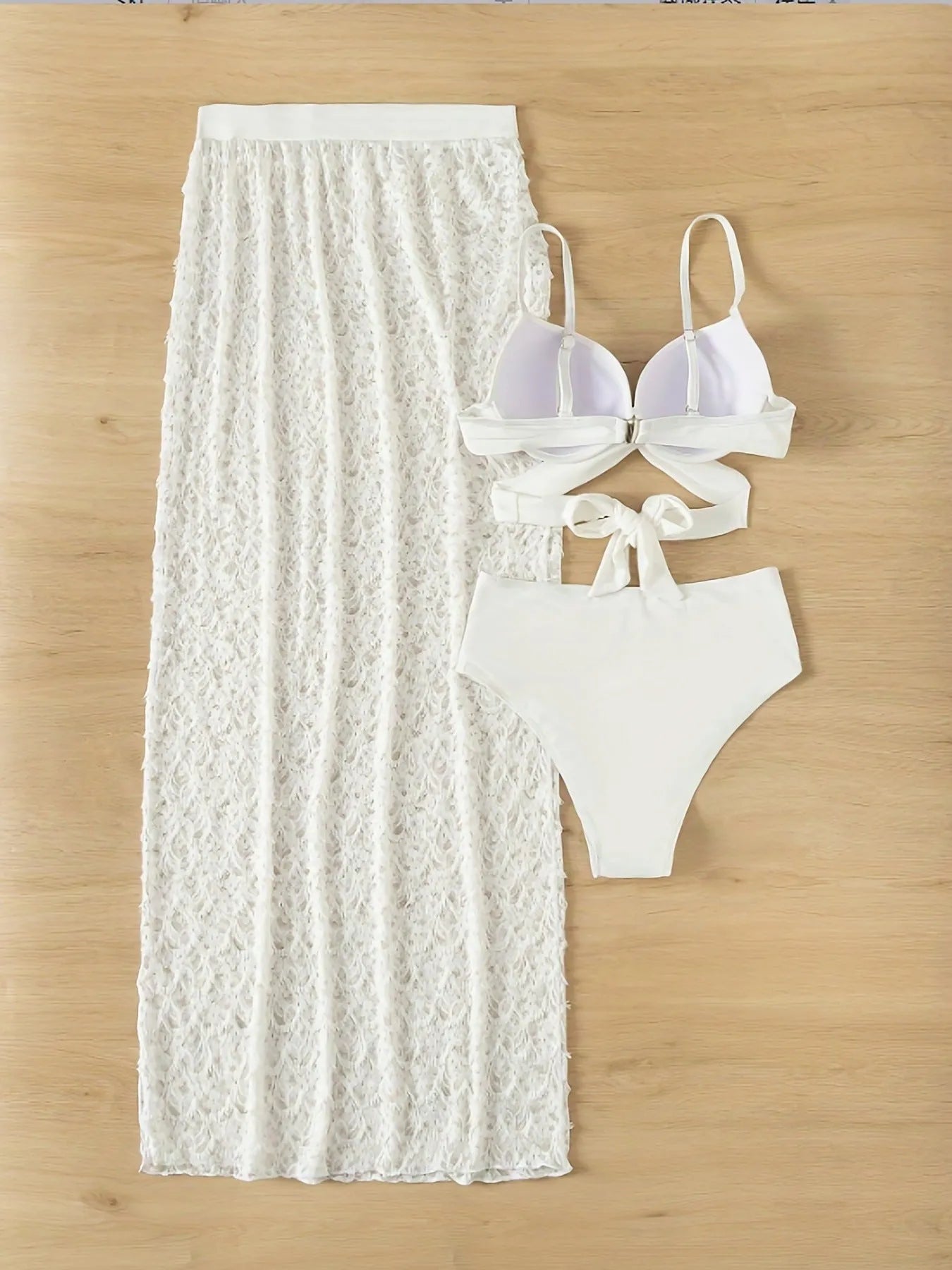 White three-piece swimsuit bikini set with gathered long skirt for swimming
