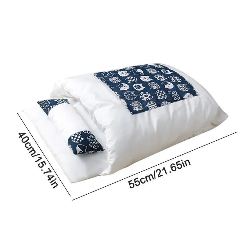 Grey enclosed cat sleeping bag bed with pillow in medium size, showing removable cover and cosy interior.