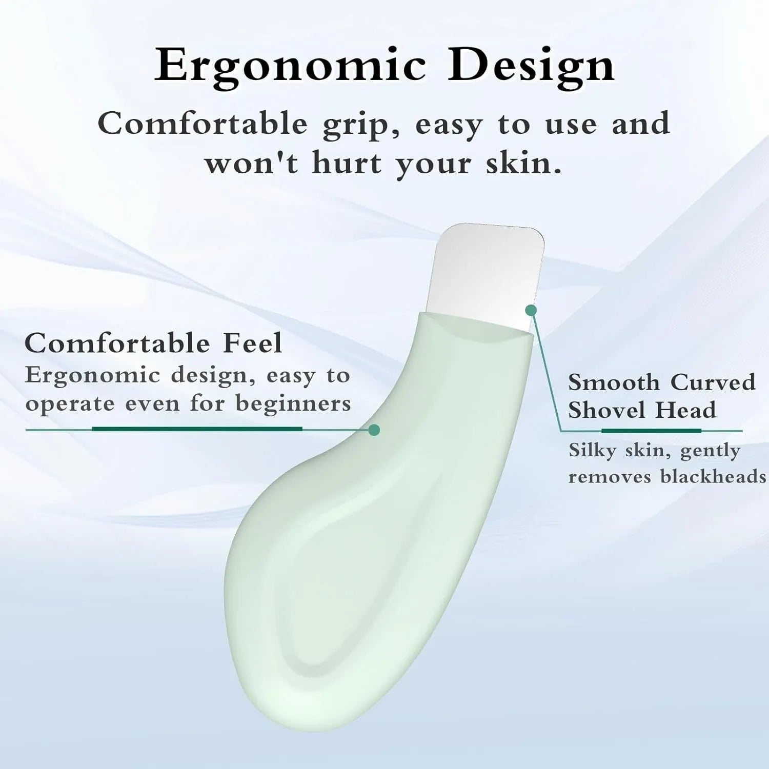 Green stainless steel pore scraper tool with a non-slip handle for removing blackheads on nose and face.