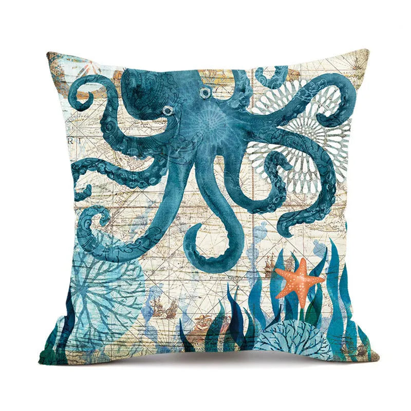 Square linen cushion cover with a detailed blue and green sea turtle print, showing the invisible zipper closure.