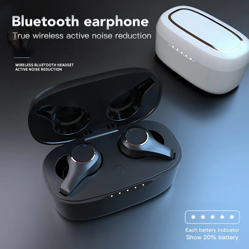 Black and white wireless ANC Bluetooth in-ear headphones with charging case