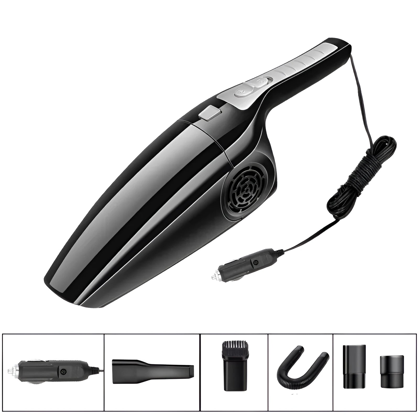 Black and orange car vacuum cleaner with cigarette lighter plug showing dimensions 36cm by 10cm by 13cm