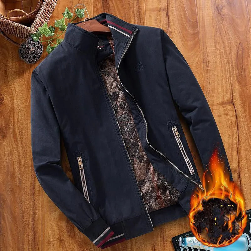 Plus velvet thick loose fit cotton jacket for middle aged men winter striped zipper brown