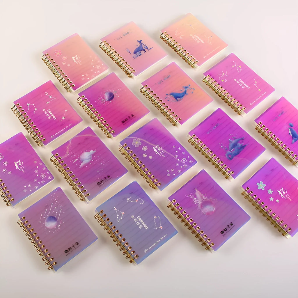 Set of 4 rollover coil A7 notebooks with PP covers in assorted colours: cherry blossoms, constellation, ocean, universe