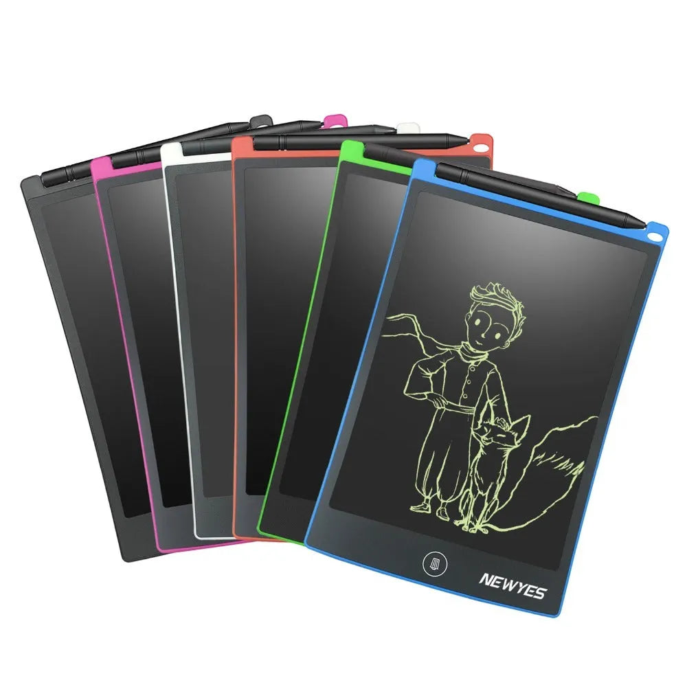 8.5 inch LCD drawing tablet in black showing finger writing on flexible screen with one-key clear button