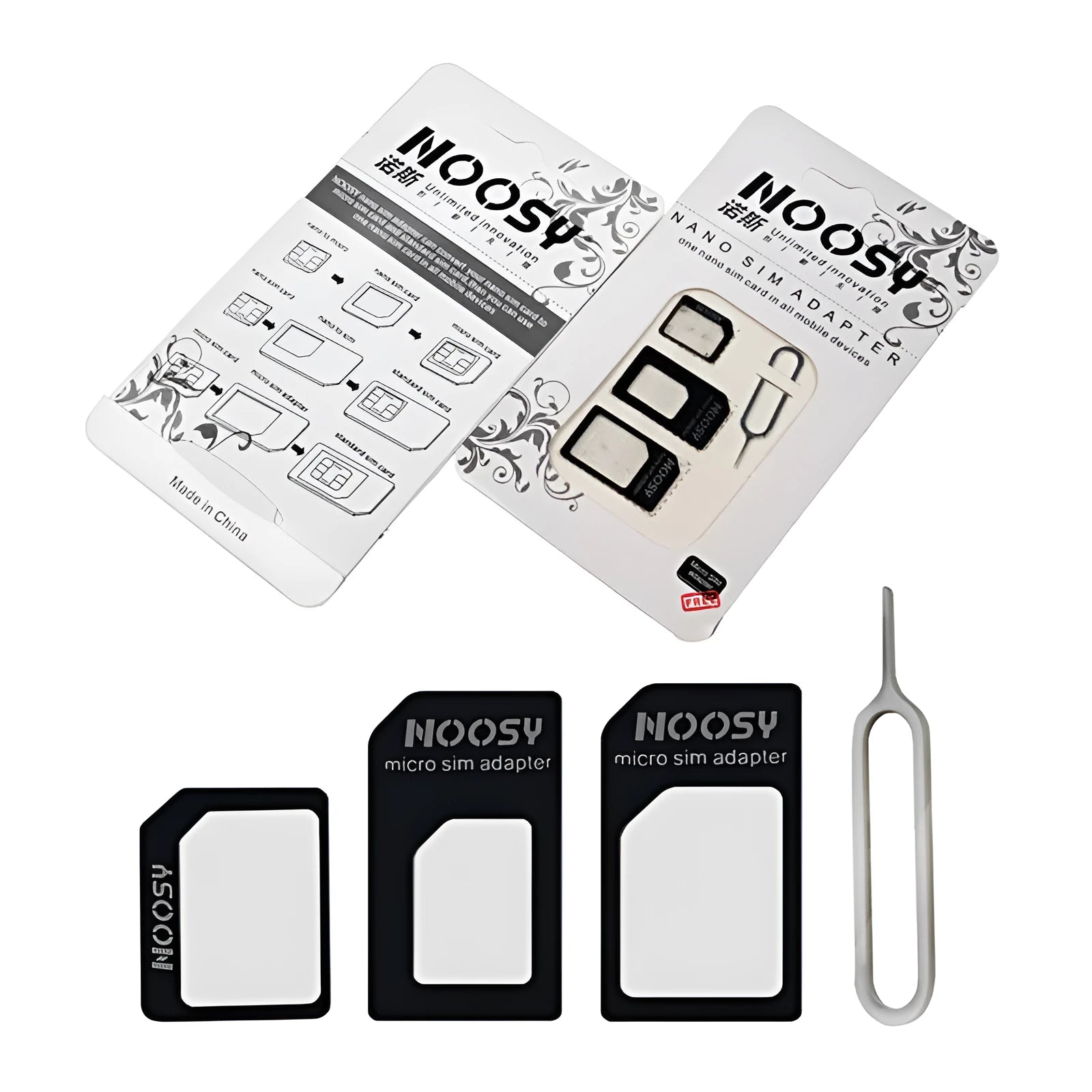 Three-piece SIM card cutter kit showing cutter tool, SIM tray removal tool, and SIM adapter