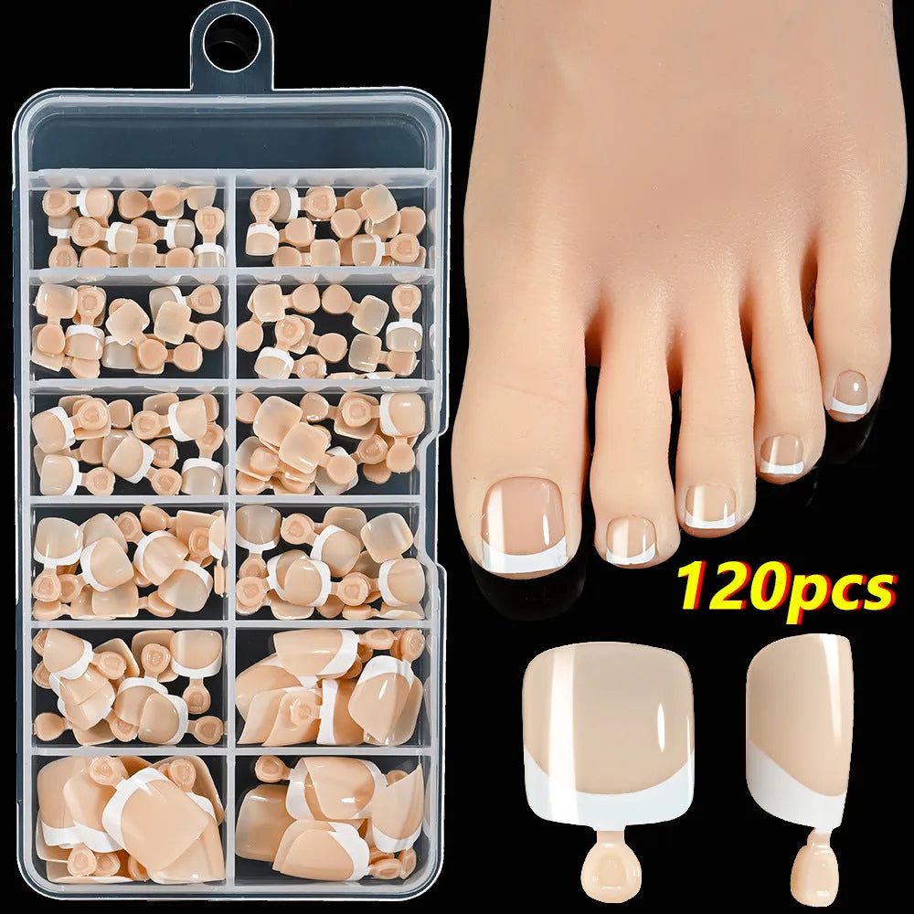 120 pieces box of French white edge short full square toe nail pieces for ladies in multiple colours