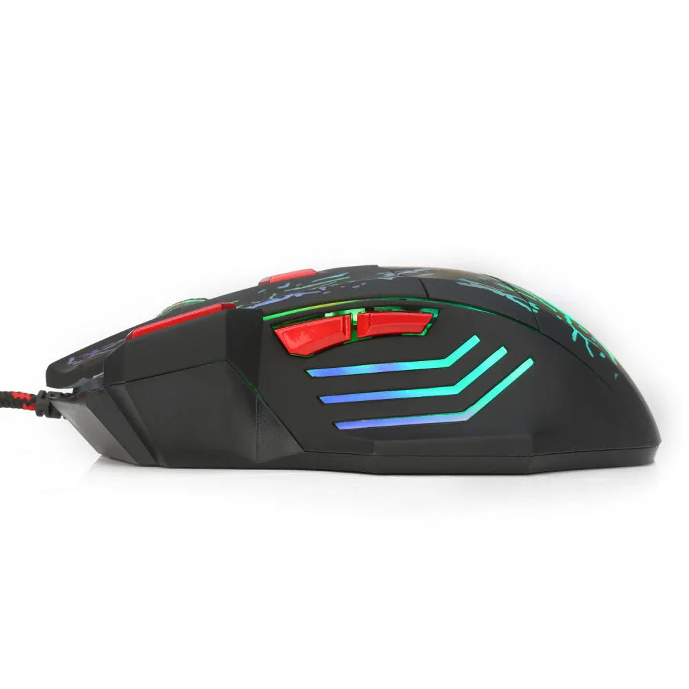 Water crack colourful luminous gaming mouse with USB cable on desktop