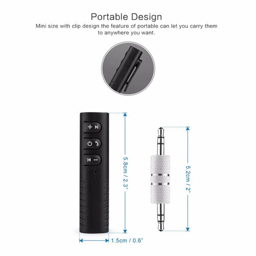 Black Bluetooth audio receiver car kit with 3.5mm jack for wireless music and hands-free calls