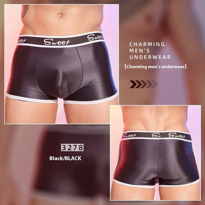 Men's shiny silky boxer shorts in black, white, and sapphire blue colours