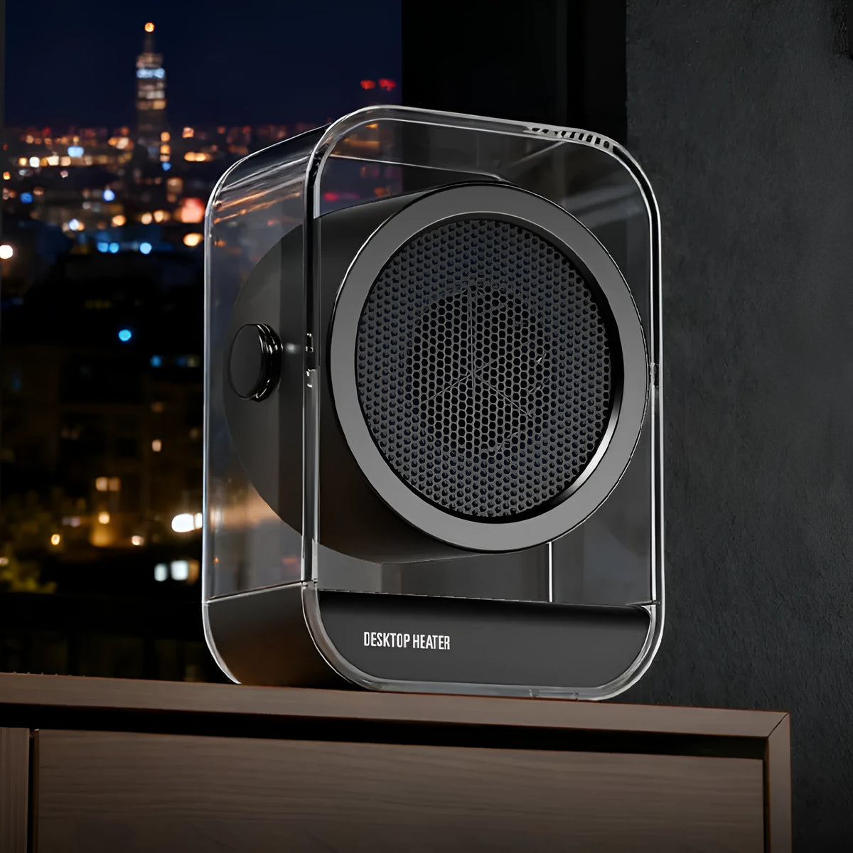 Beige desktop heater with two fan speed buttons and front grille, 196x266mm, 500W