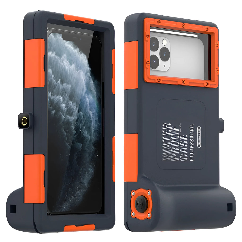 Orange waterproof mobile phone case for Apple and Samsung smartphones with transparent PC PET construction