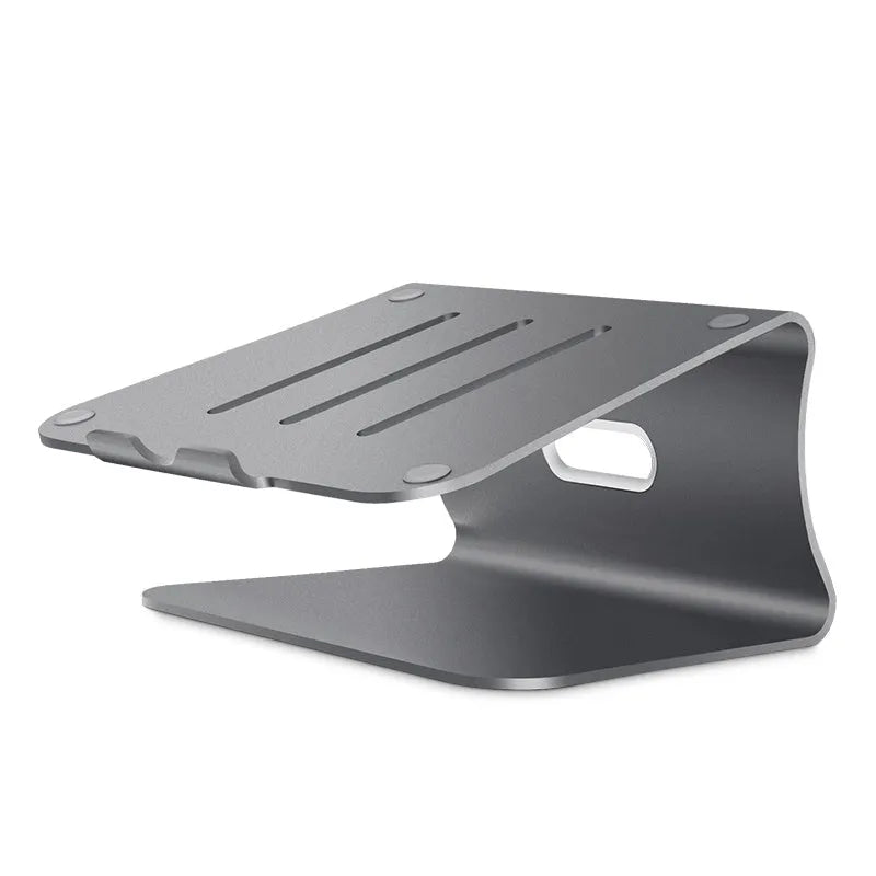 Aluminium alloy rotating laptop cooling bracket in silver or grey colour on a desk.