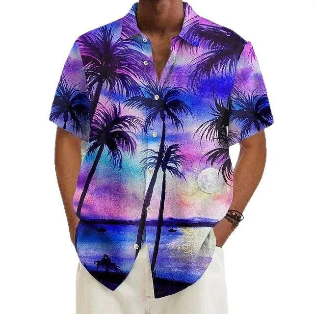 Men's printed casual short sleeve shirt on a hanger, showing one of eight available colour options.