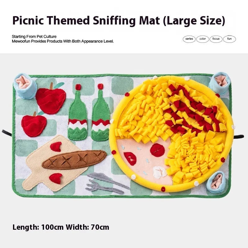 Dog sniffing mat with themed pattern for hiding treats and mental stimulation