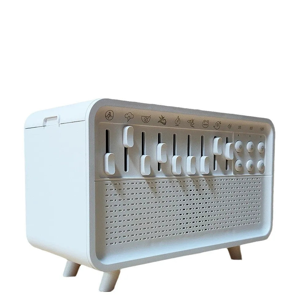 White geometric 3-in-1 Bluetooth speaker with white noise, humidifier, and night light functions.