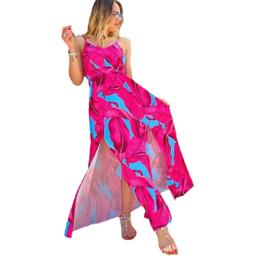 Red fashion printed backless spaghetti strap sleeveless dress high waist long skirt
