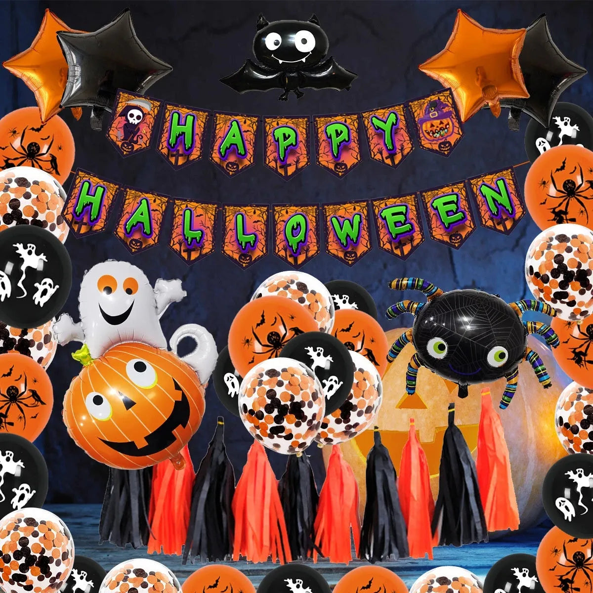 Halloween spider balloon arch decoration set with white and black round latex balloons
