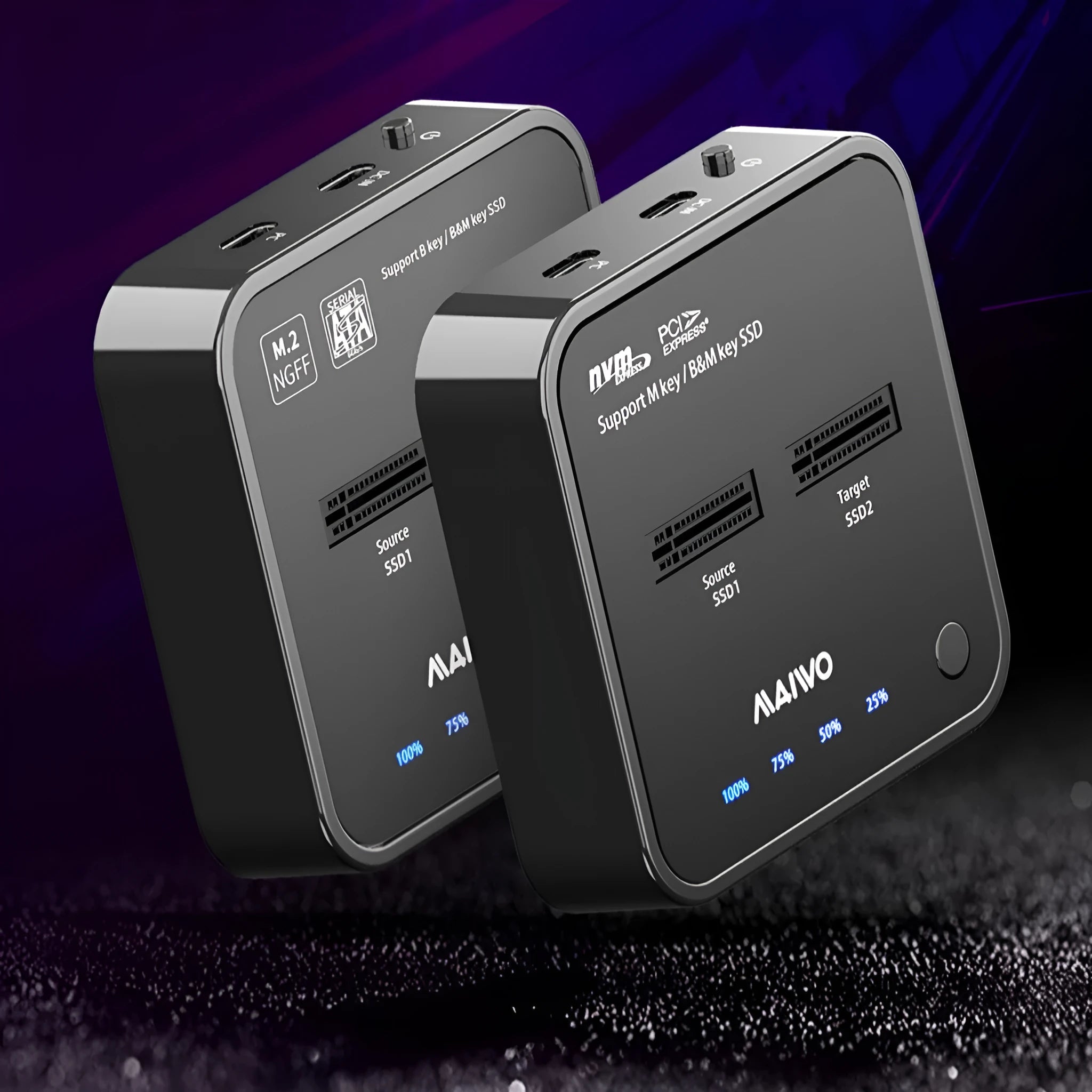 MAIWO K3016 M.2 SSD hard disk docking station with data cables and power adapter on a desk.